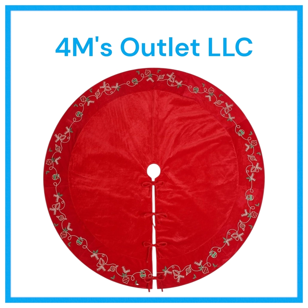 Red Christmas Tree Skirt with Embroidered Trim